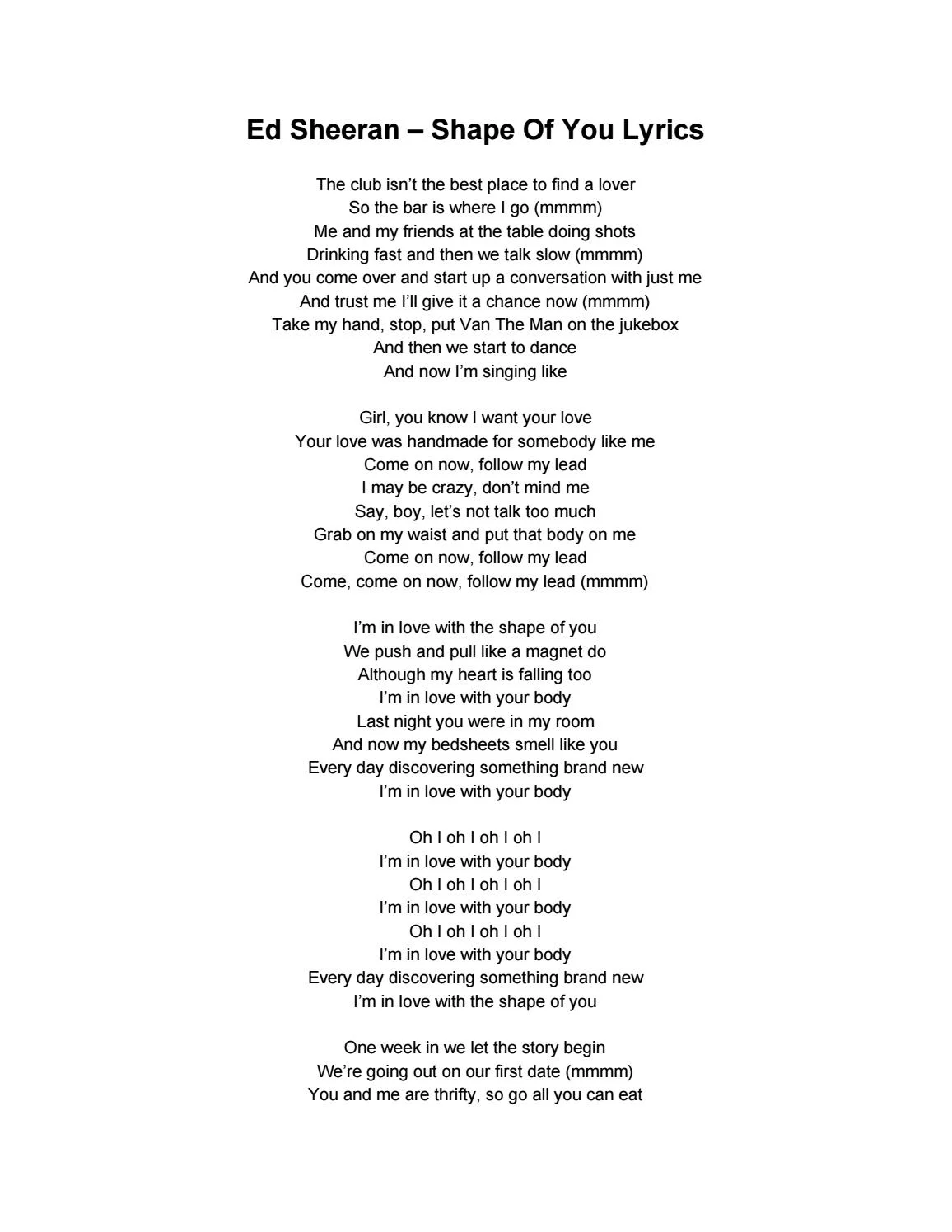 ed sheeran shape of you with lyrics