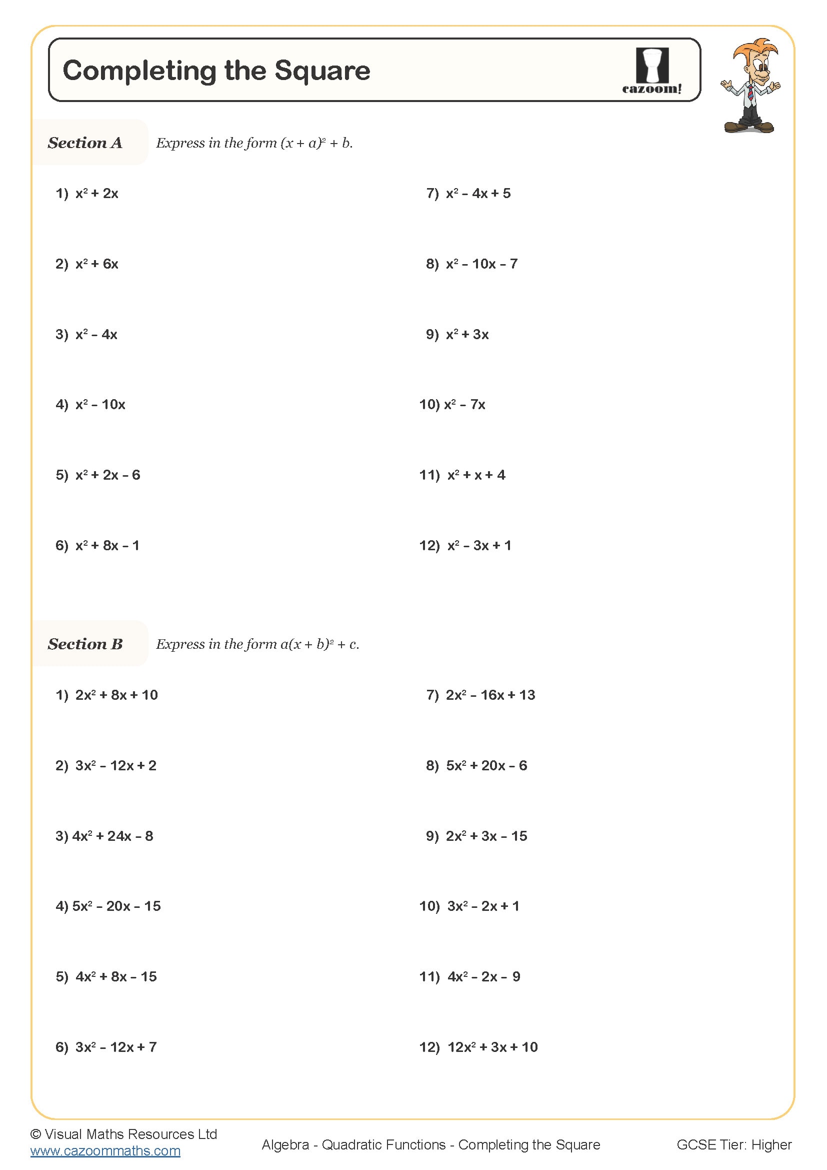 worksheet on completing the square