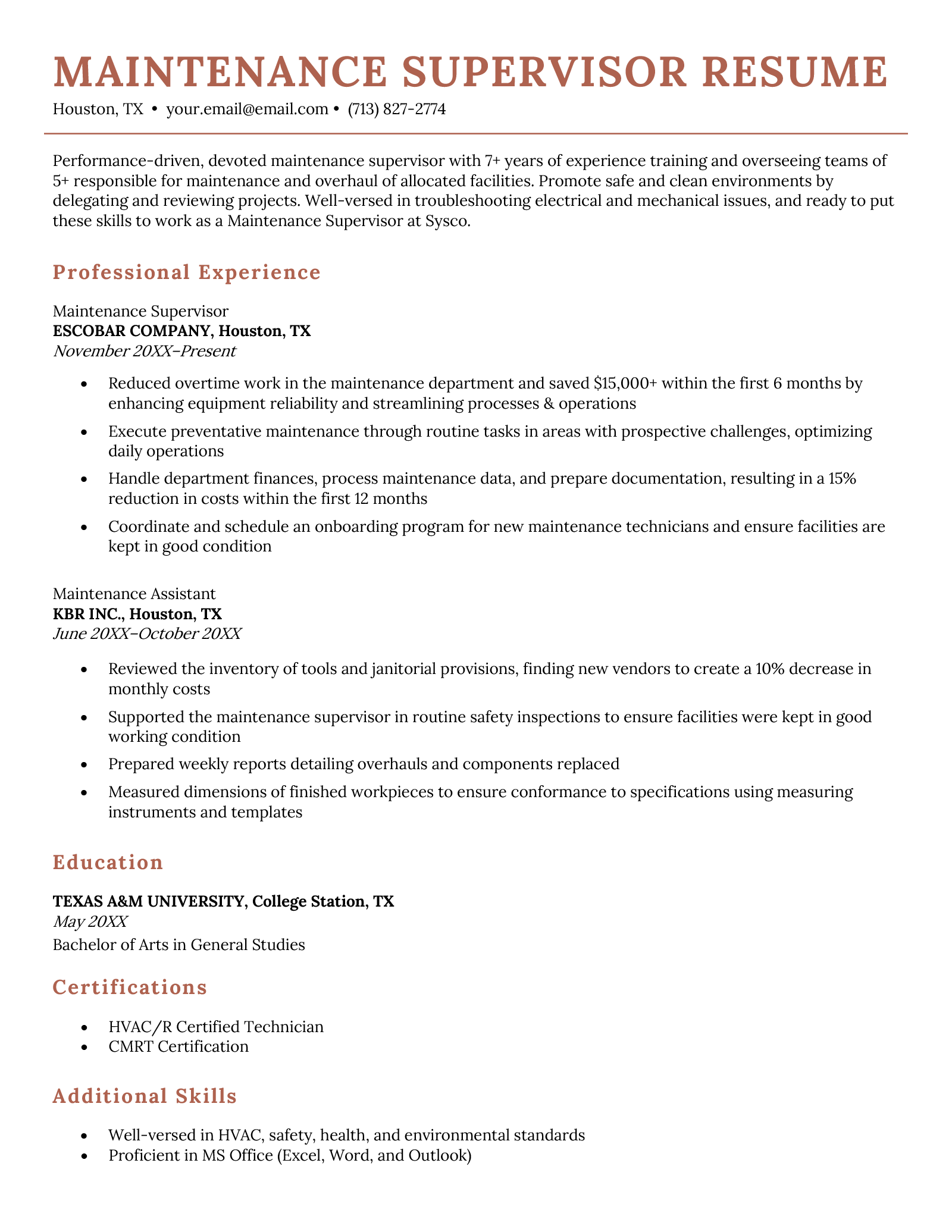 maintenance supervisor resume