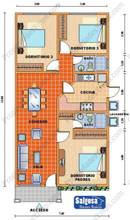 planos de casas 3 habitaciones 1 planta