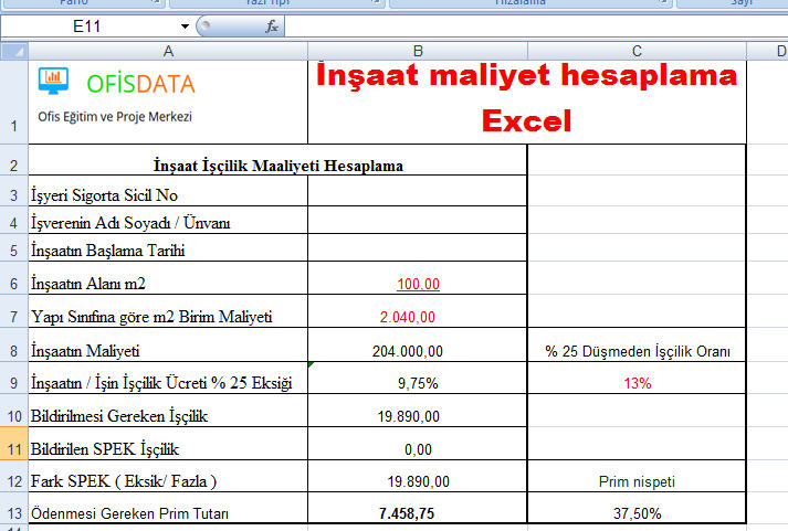 inşaat giderleri excel