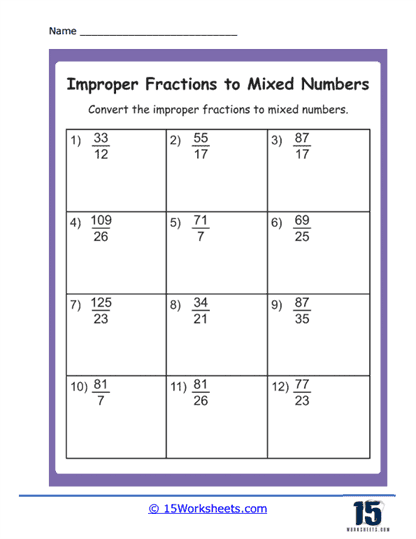 fractions improper to mixed worksheets