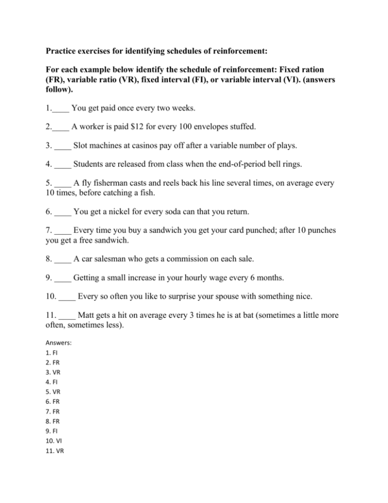 schedules of reinforcement worksheet with answers