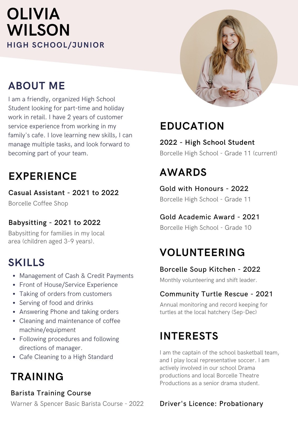 resume high school student