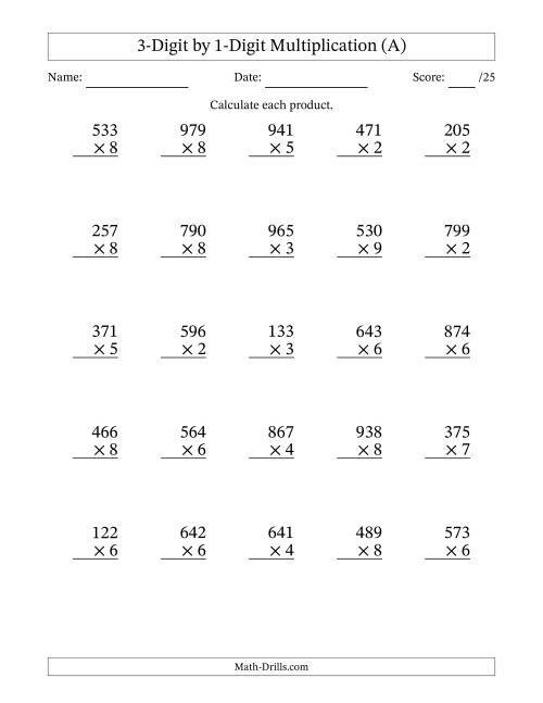 3 digit by 1 digit multiplication