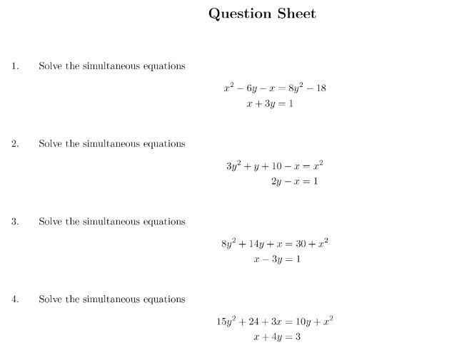 quadratic simultaneous equations worksheet