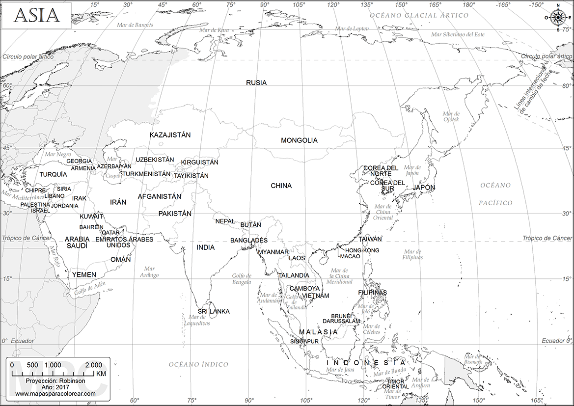 mapa de asia para colorear con nombres