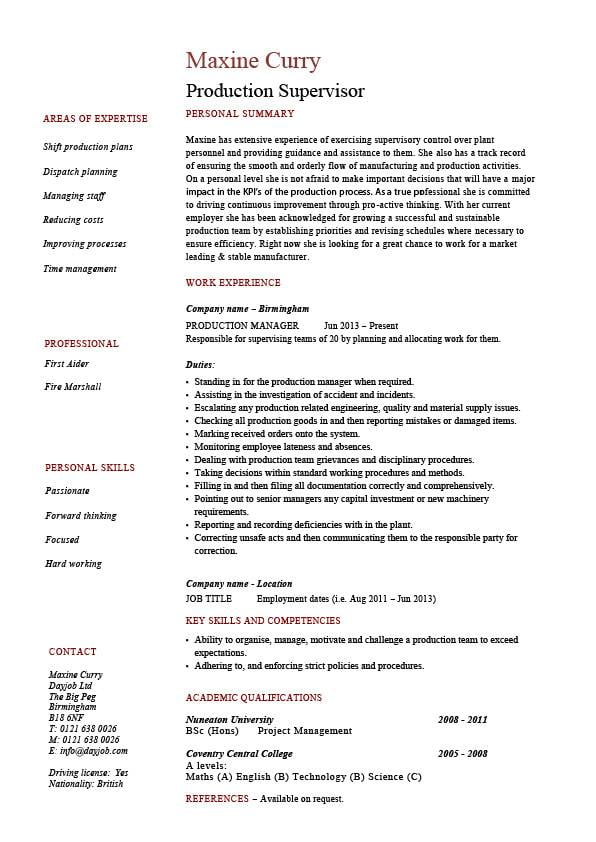 resume for manufacturing supervisor