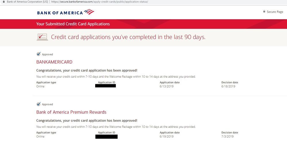 bank of america credit card status