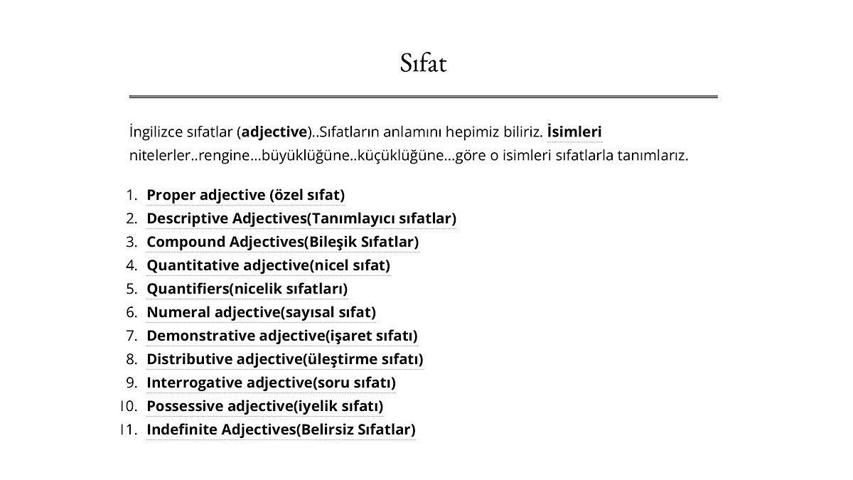 ingilizce 10 tane sıfat kelimeler