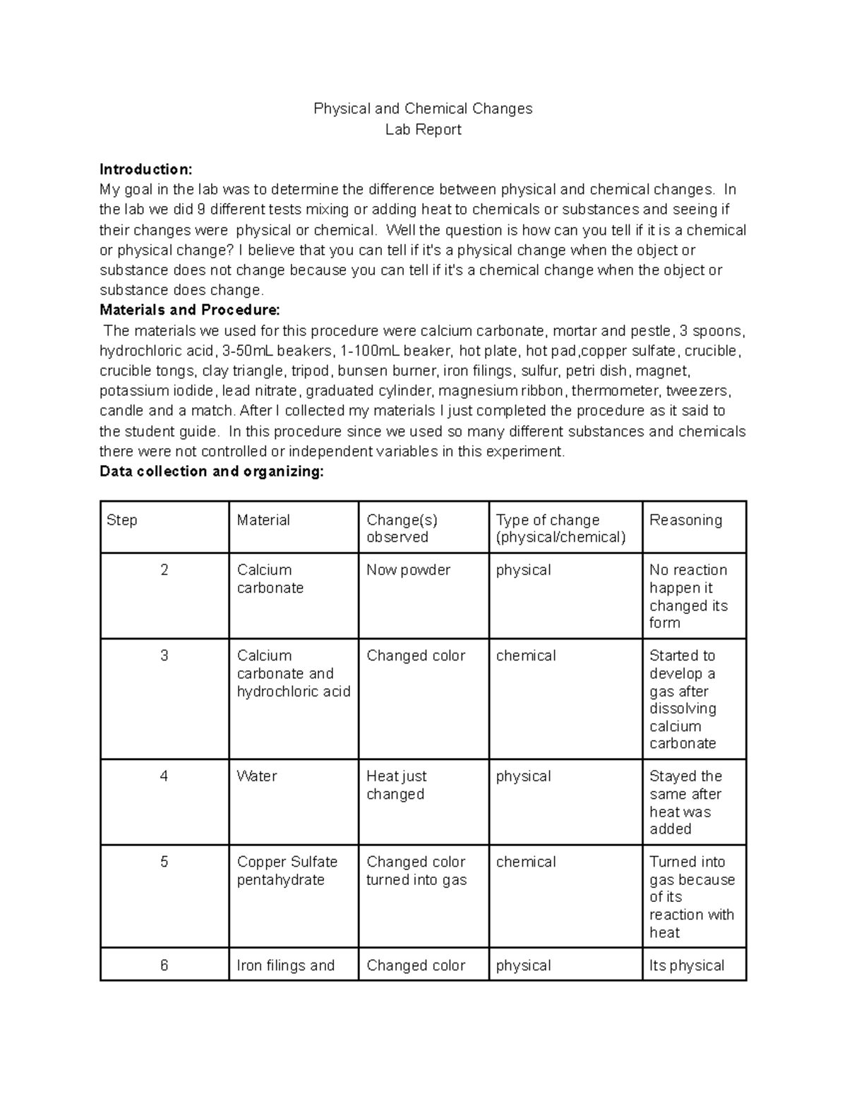 physical and chemical changes virtual lab