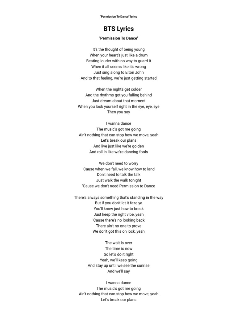 permission to dance lyrics in english