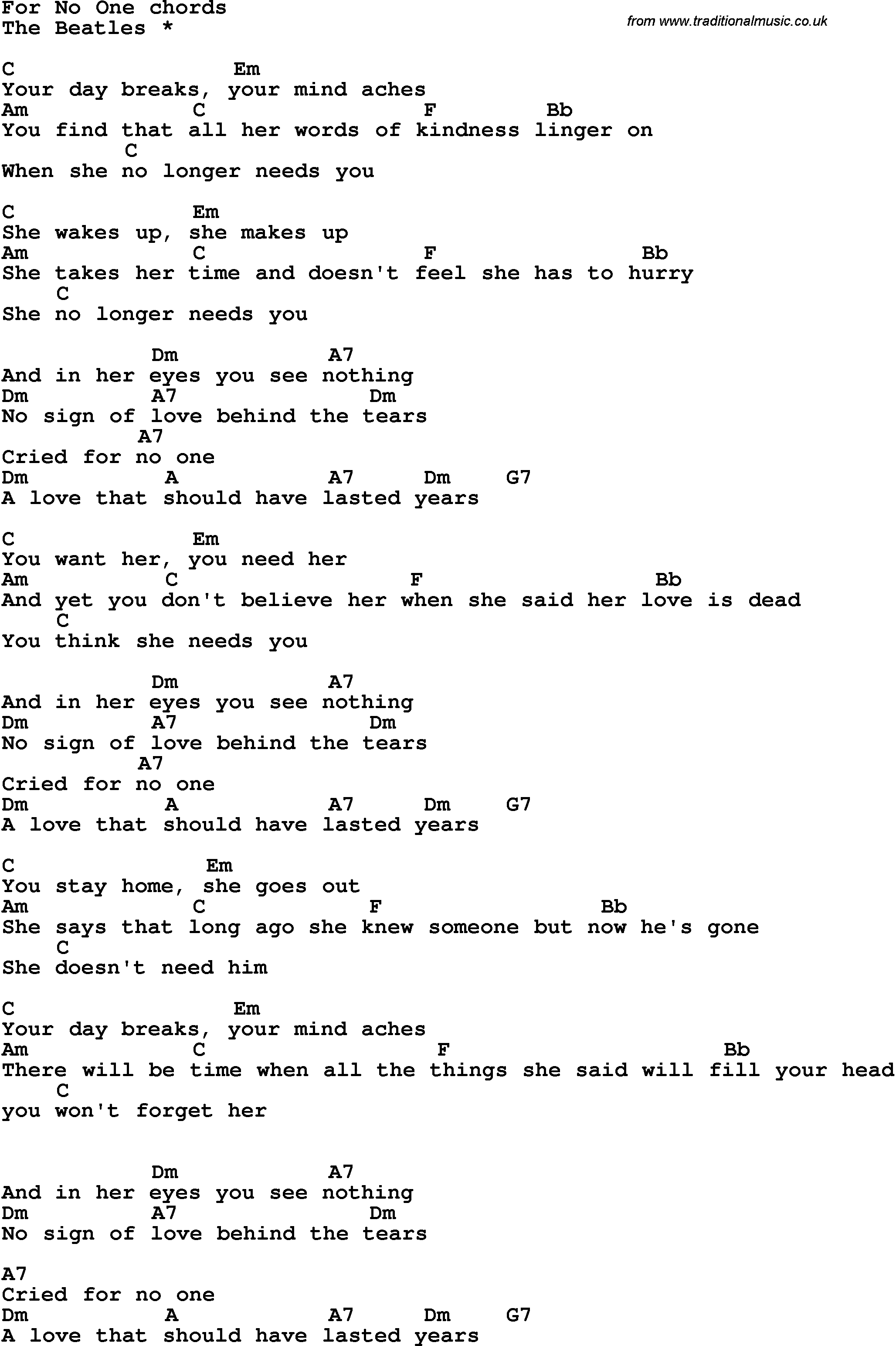 chords for no one beatles