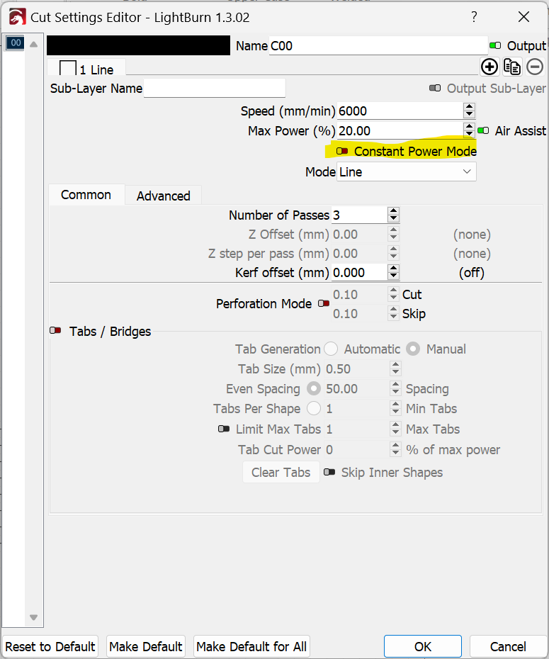 what is constant power mode in lightburn