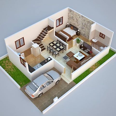 2 bhk duplex house plan 3d