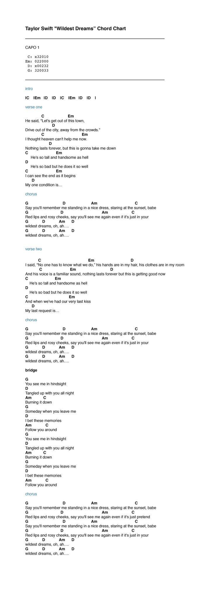 wildest dreams ukulele chords