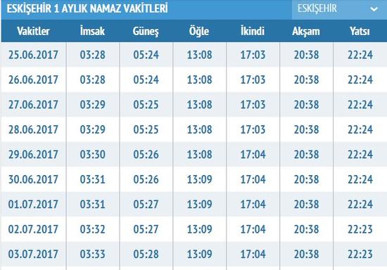 ikindi namazı vakti eskişehir