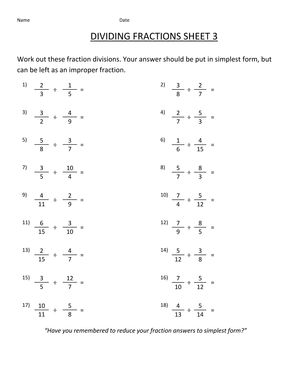 fraction division worksheet