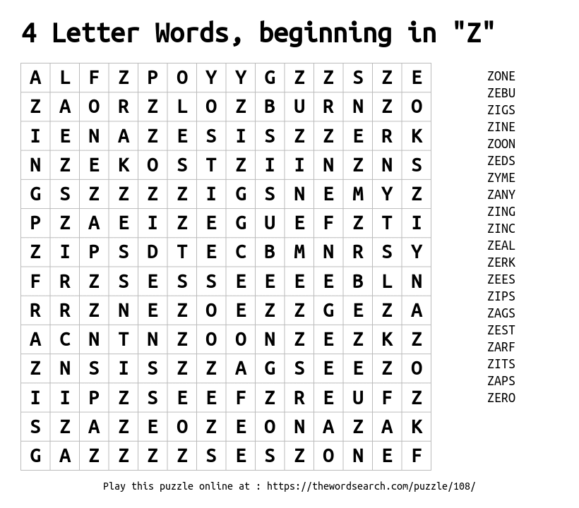 4 letter words starting z