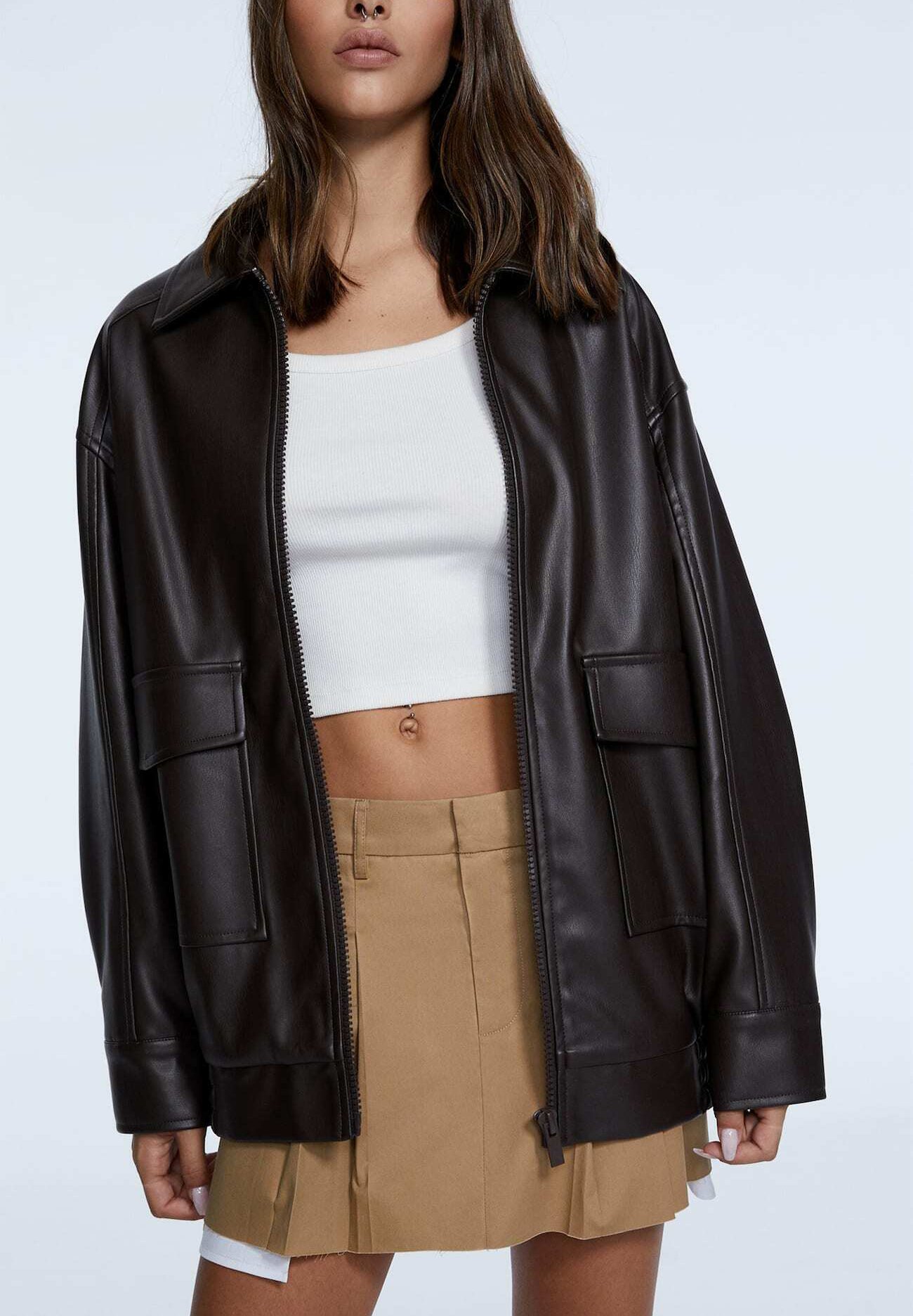stradivarius brown leather jacket