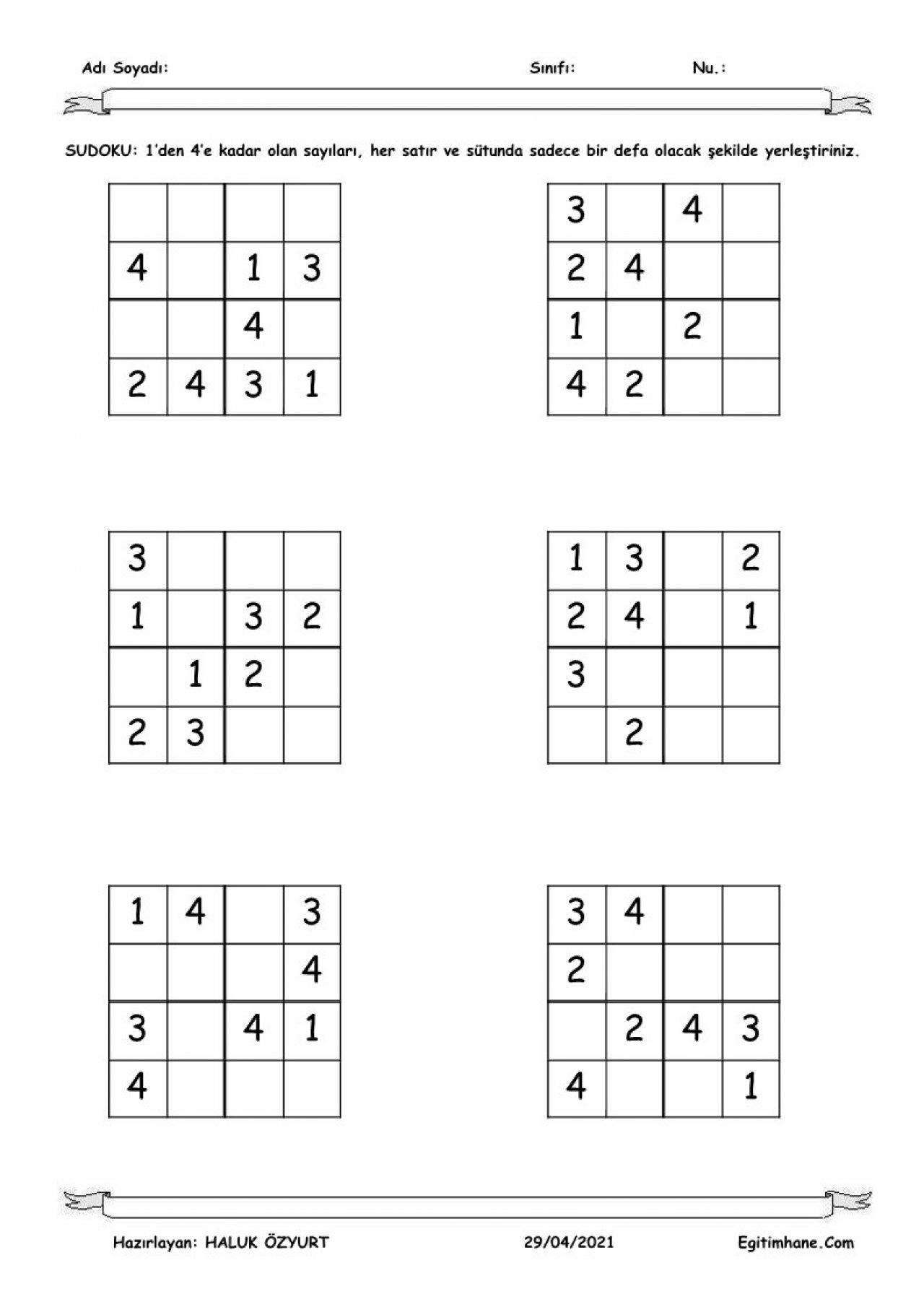 sudoku 4 lü