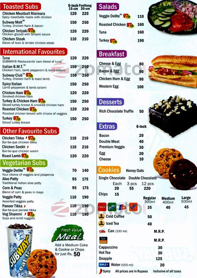 subway menu delhi