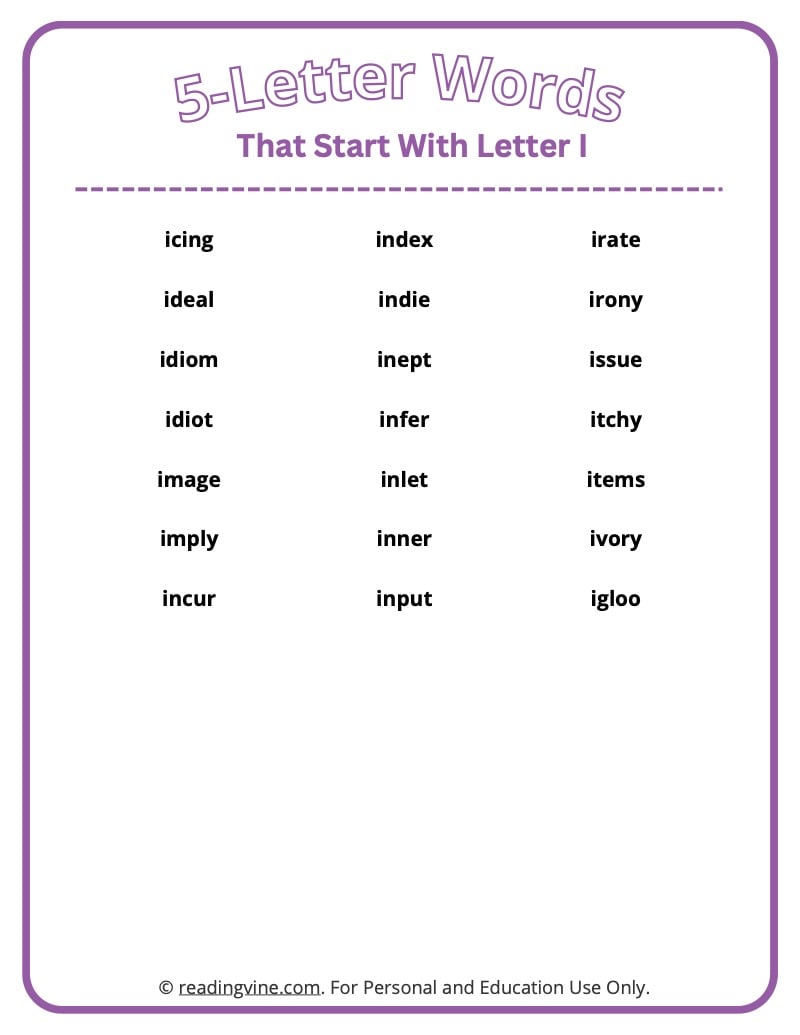 five letter words beginning with i
