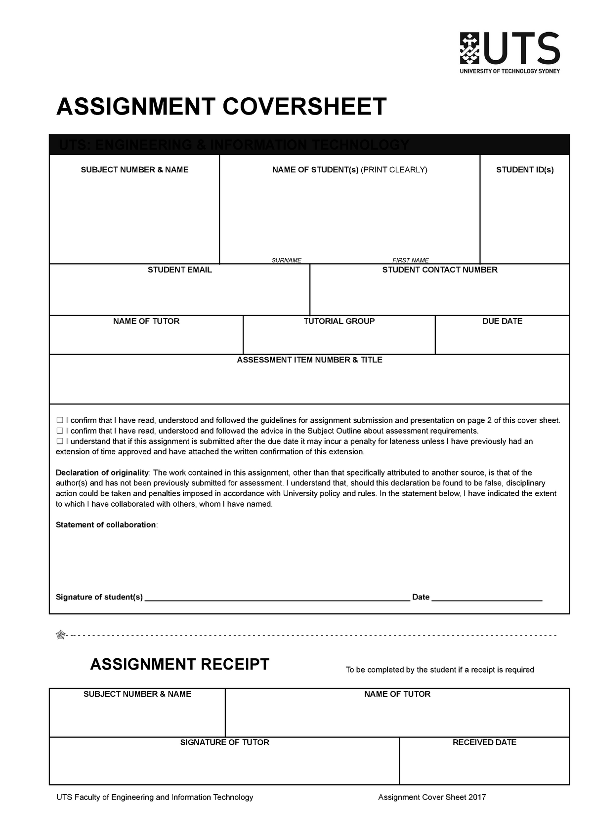 uts assignment cover sheet