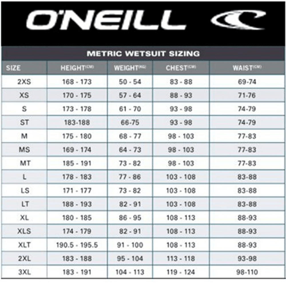 o neill size chart