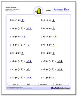 negative numbers addition and subtraction worksheet