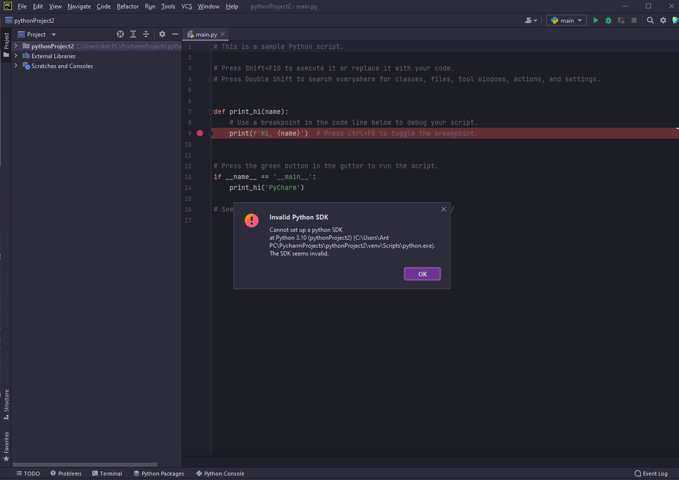 pycharm invalid python sdk