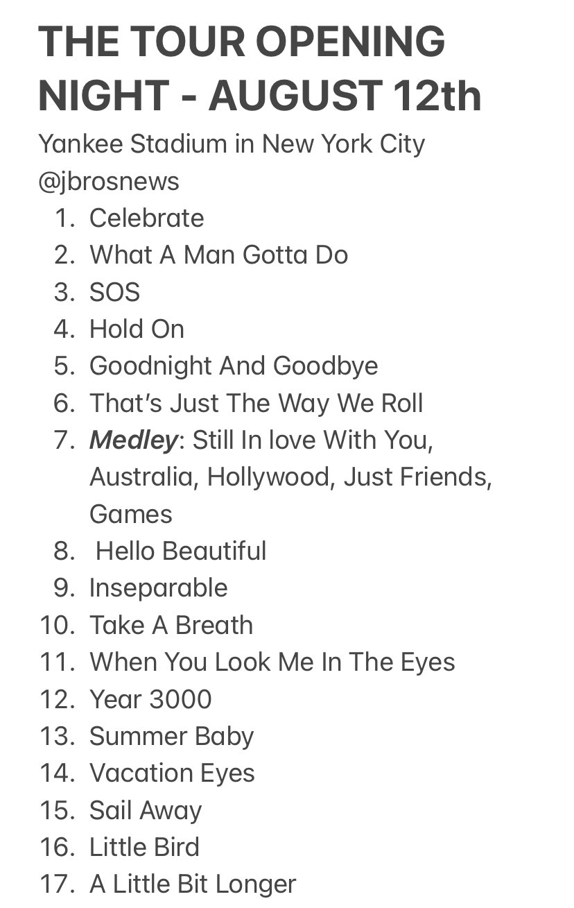 jonas brothers setlist