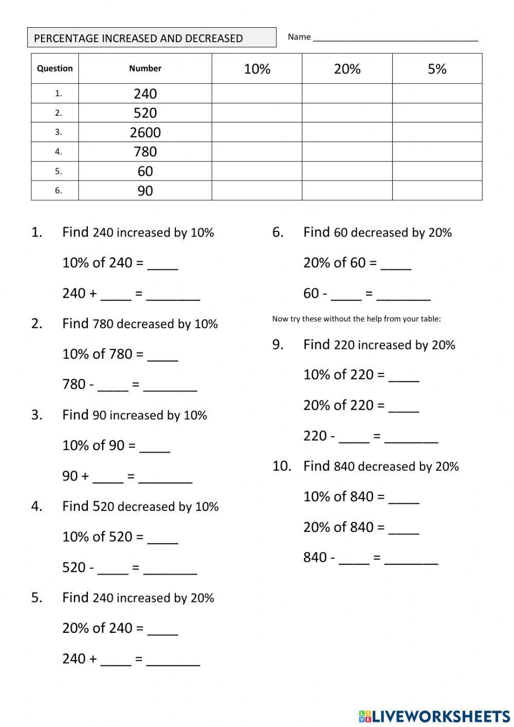 percent of increase decrease worksheet