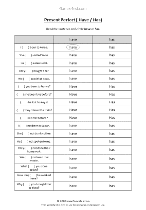 present perfect pdf exercises