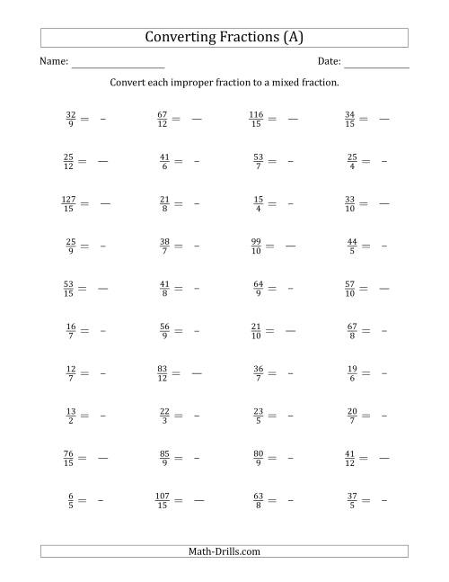 improper fractions to mixed numbers worksheet