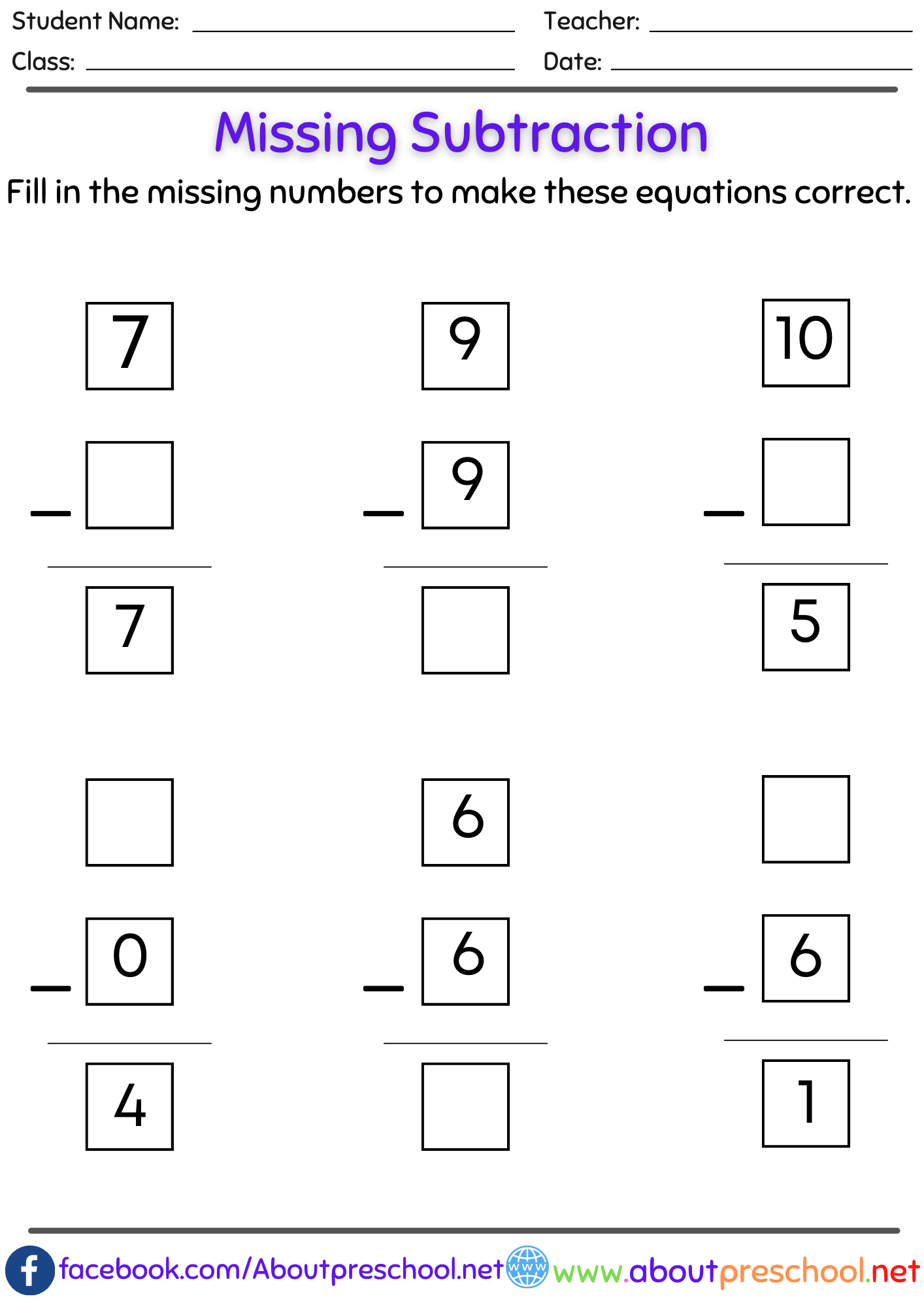 missing number subtraction worksheets