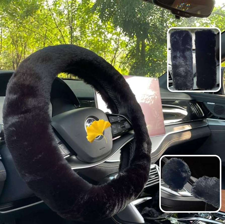 black fluffy steering wheel cover