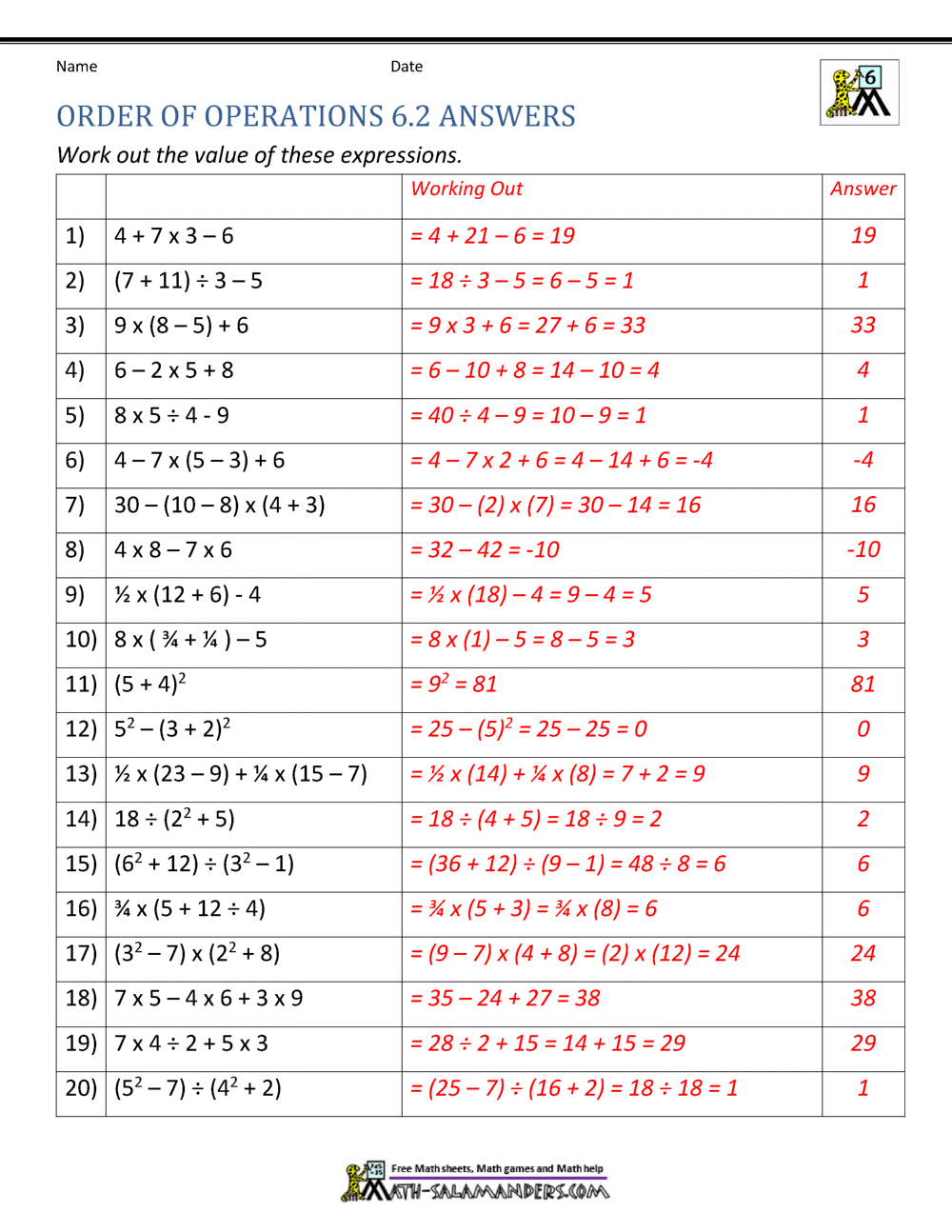 bedmas worksheets grade 6