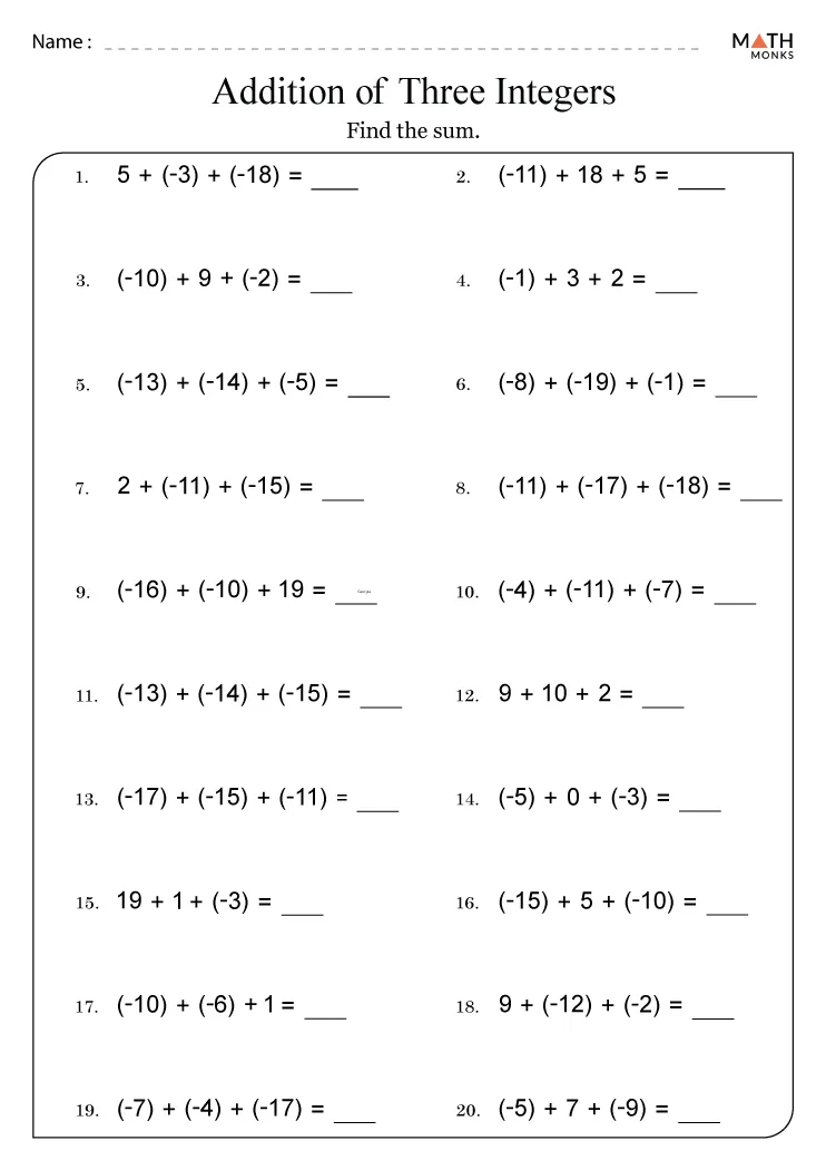 6th grade integers worksheet