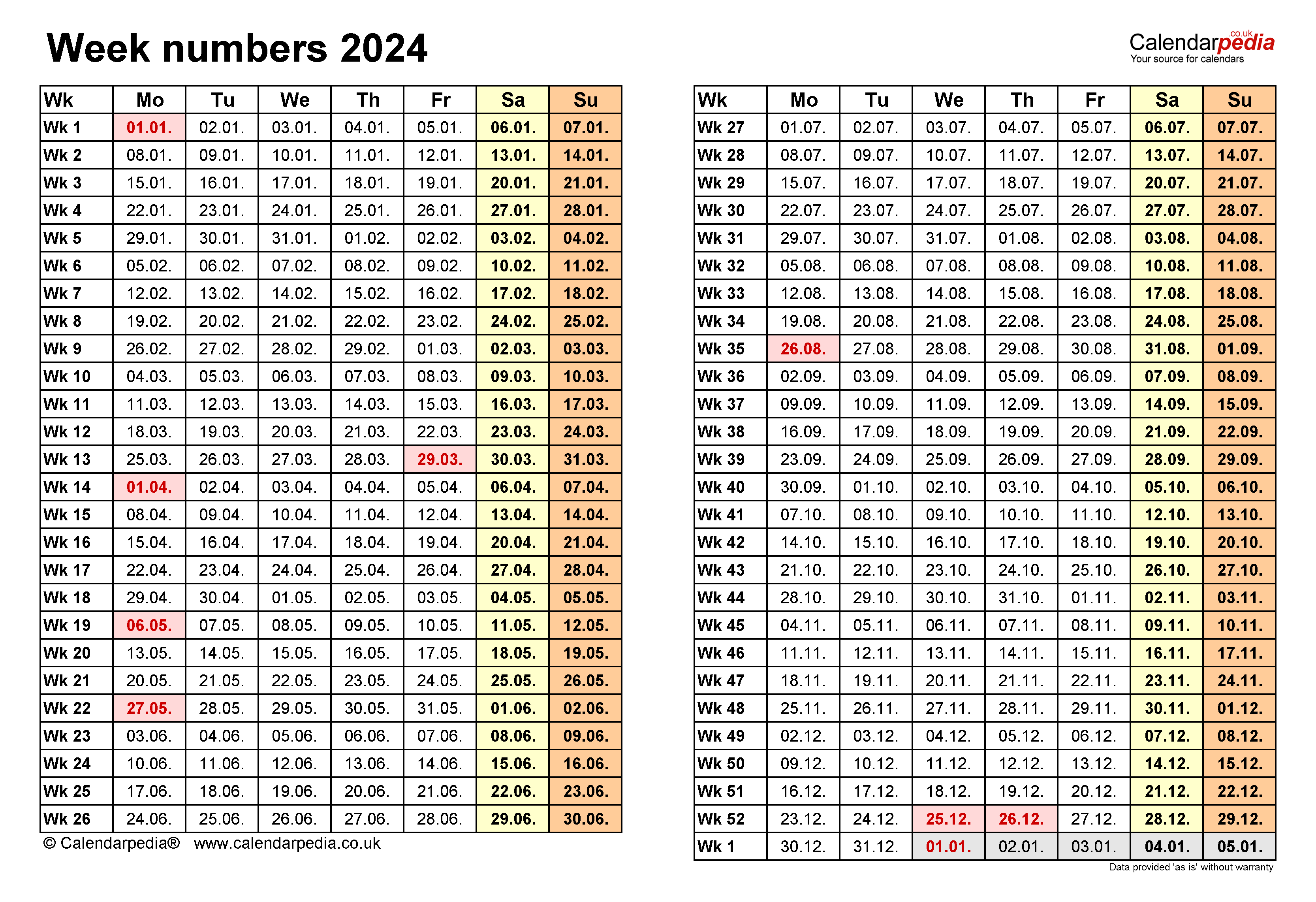 calendar 2024 week numbers