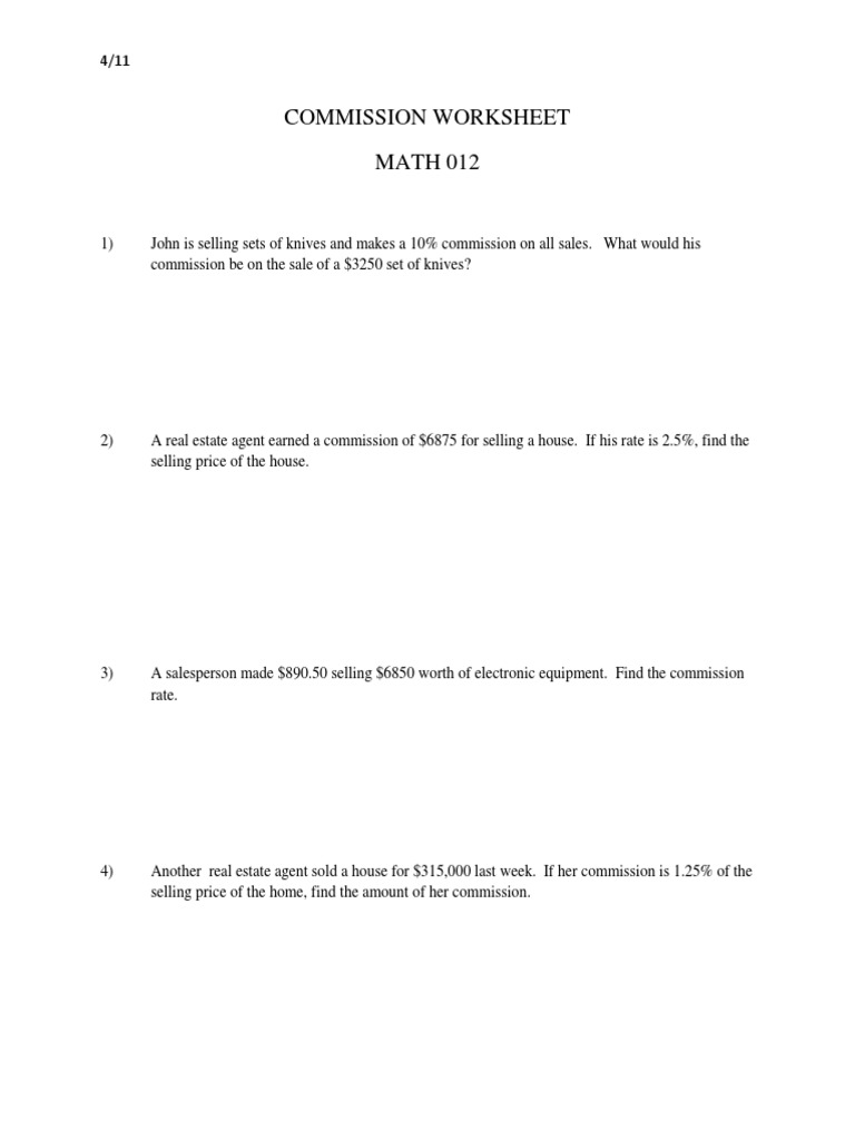 commission math worksheets