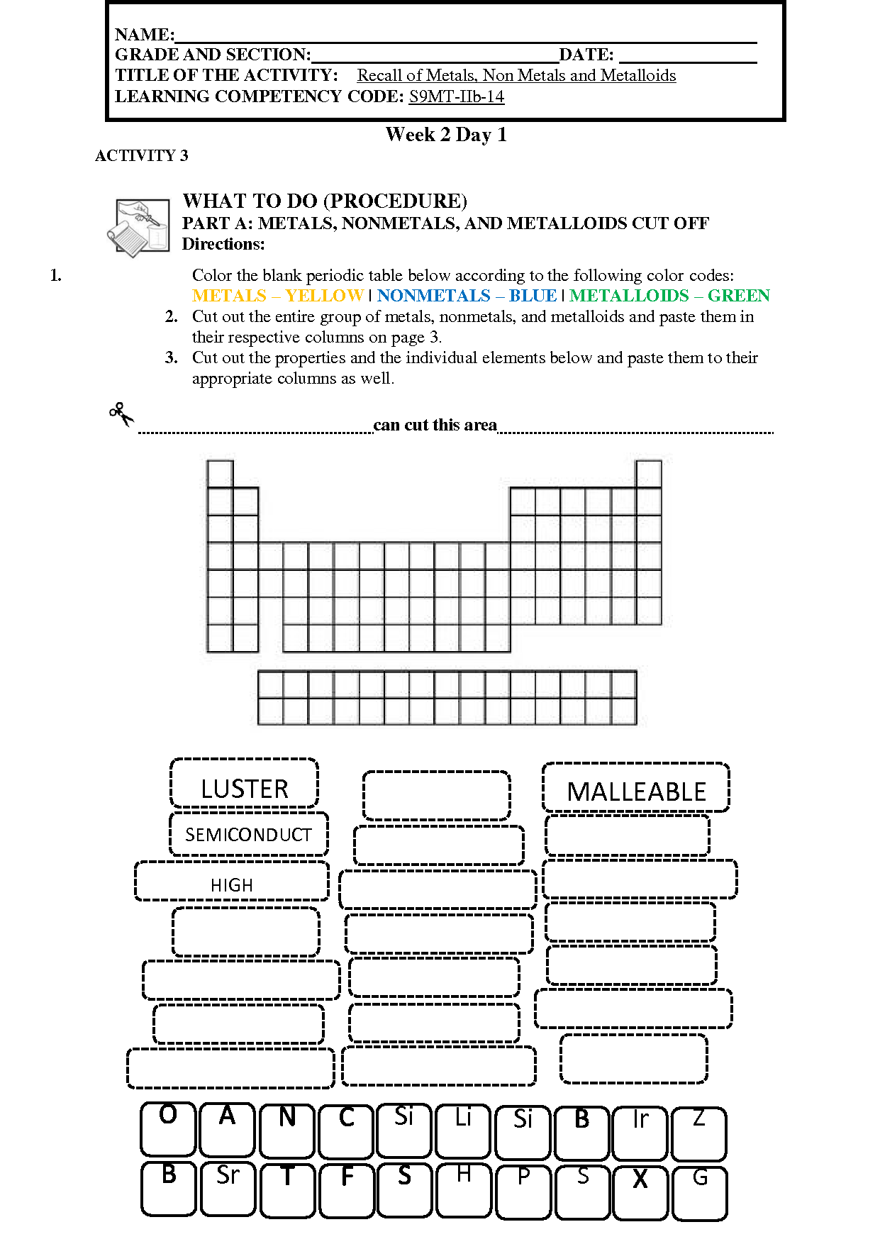 nonmetals and metalloids worksheet