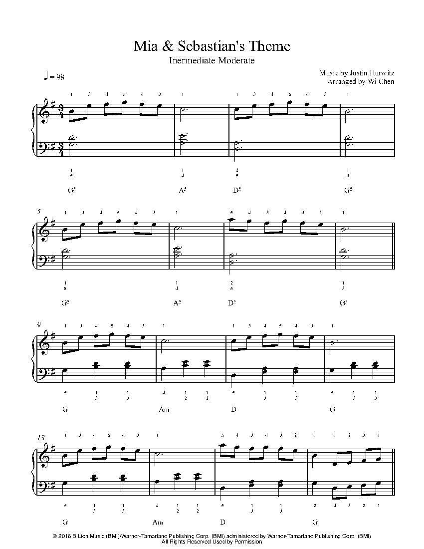 mia & sebastians theme sheet music