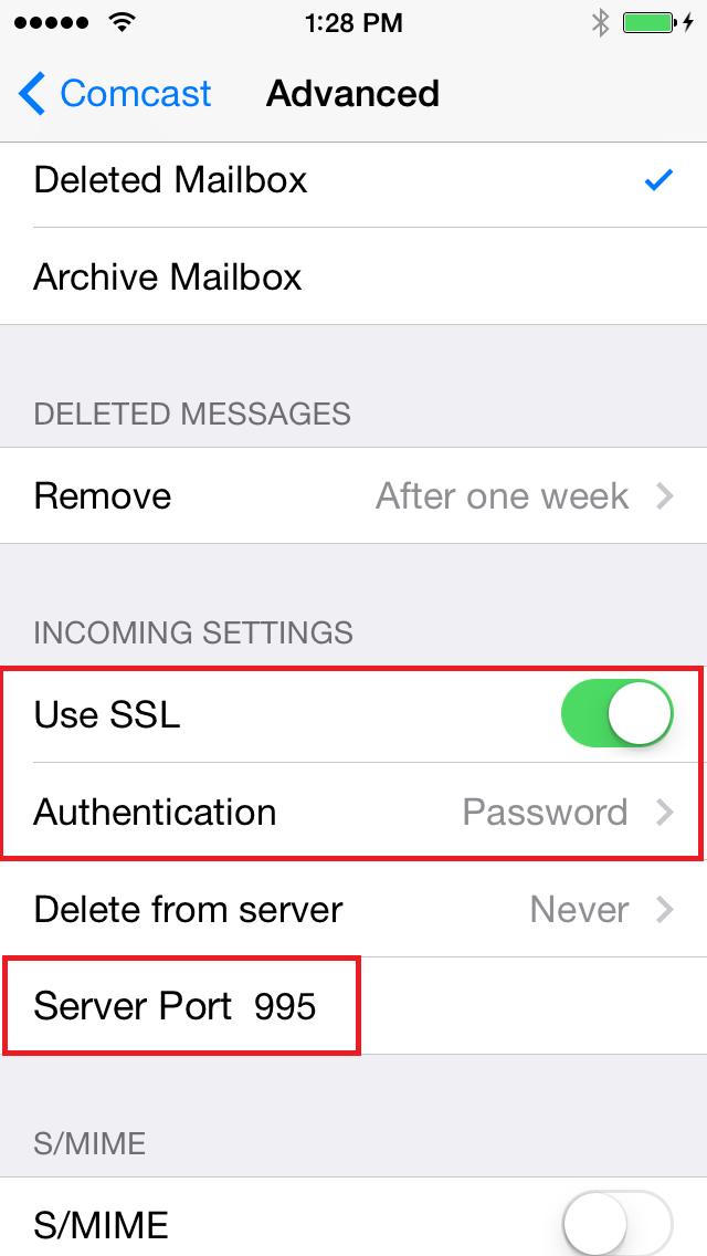 comcast imap settings iphone