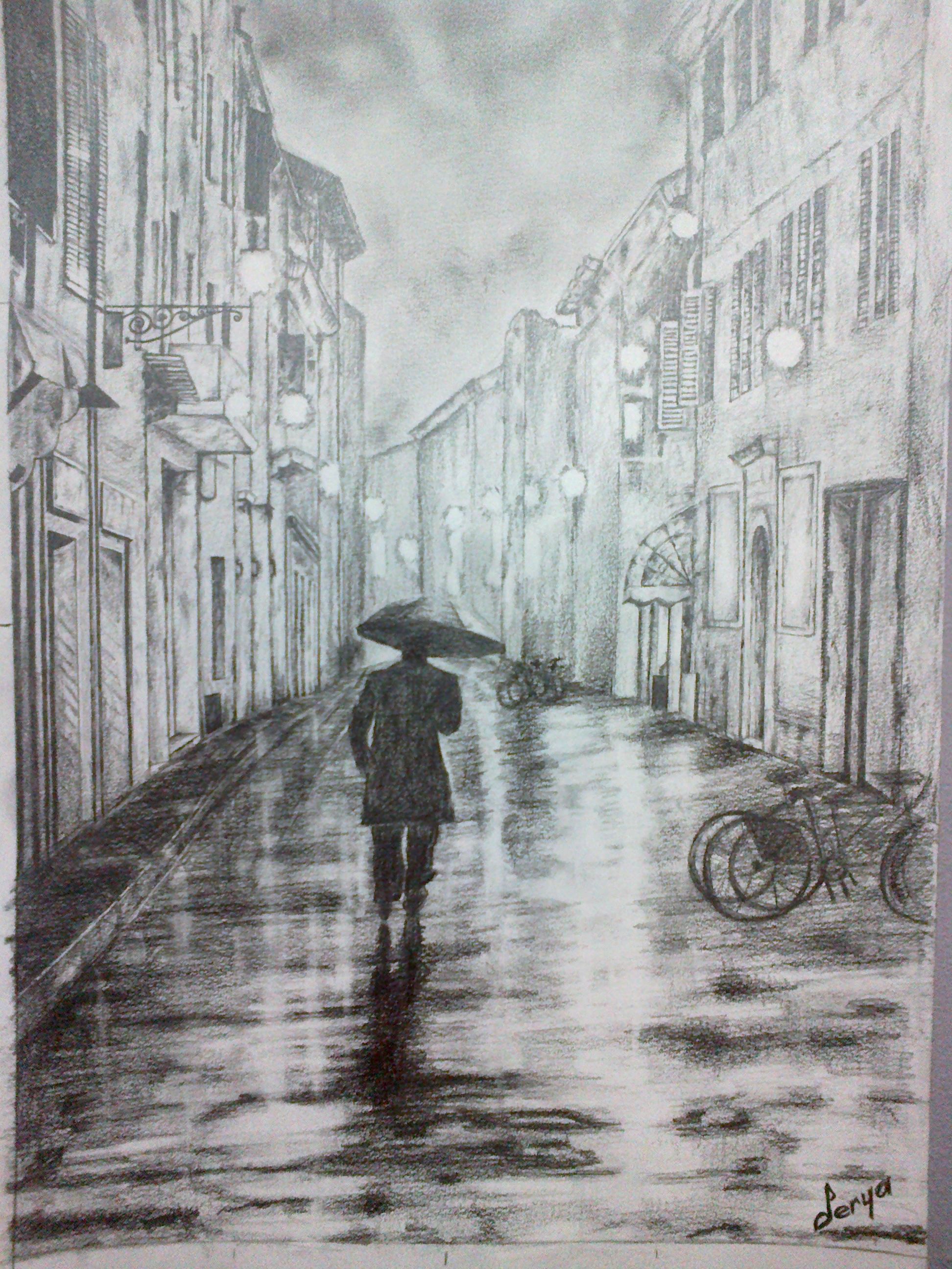 pencil drawing of rainy day