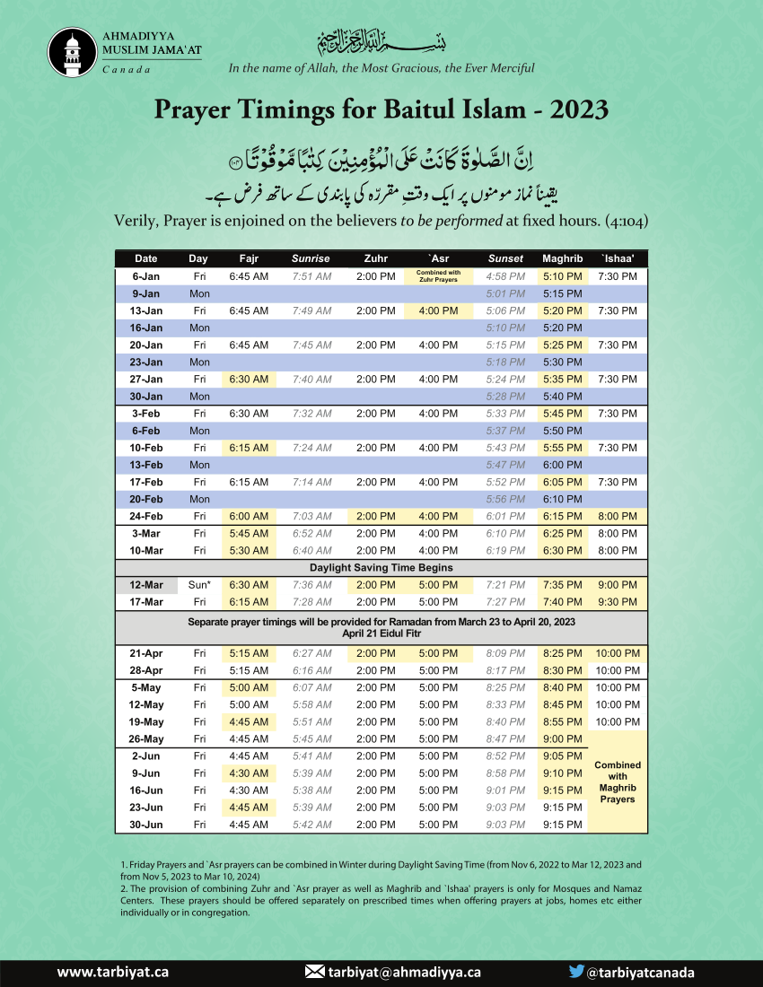 ahmadiyya prayer timings