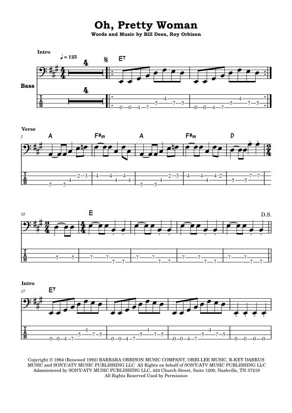 oh pretty woman bass tab