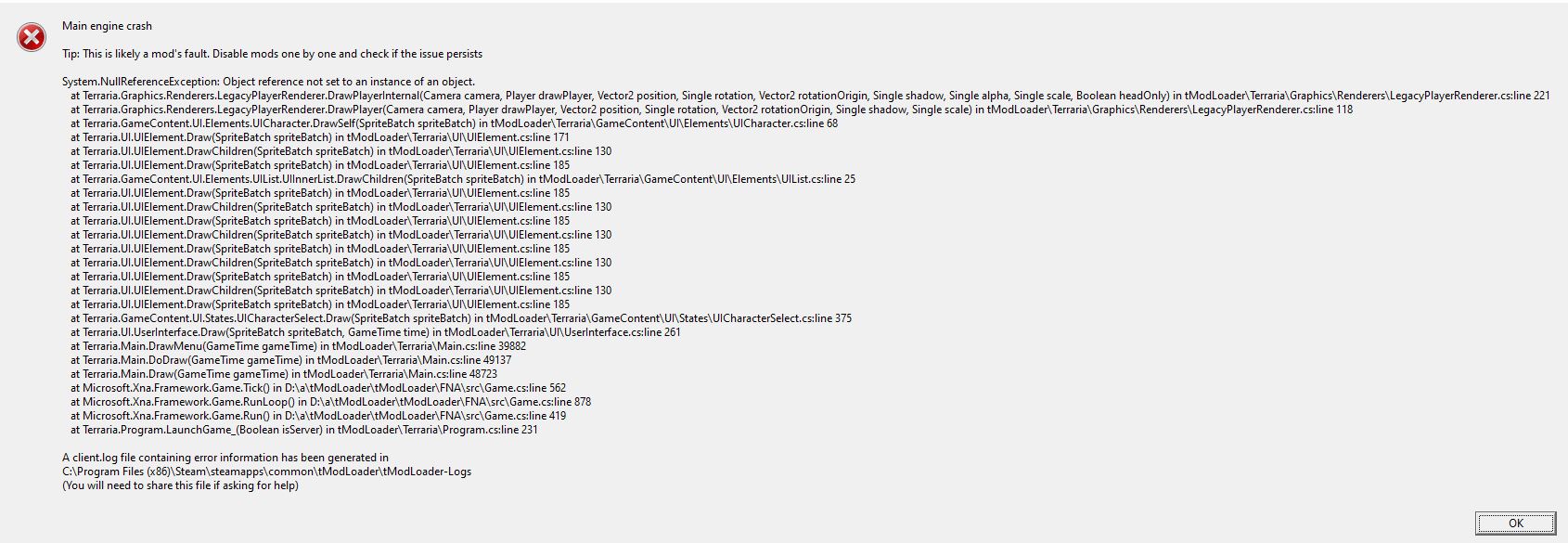 main engine crash tmodloader