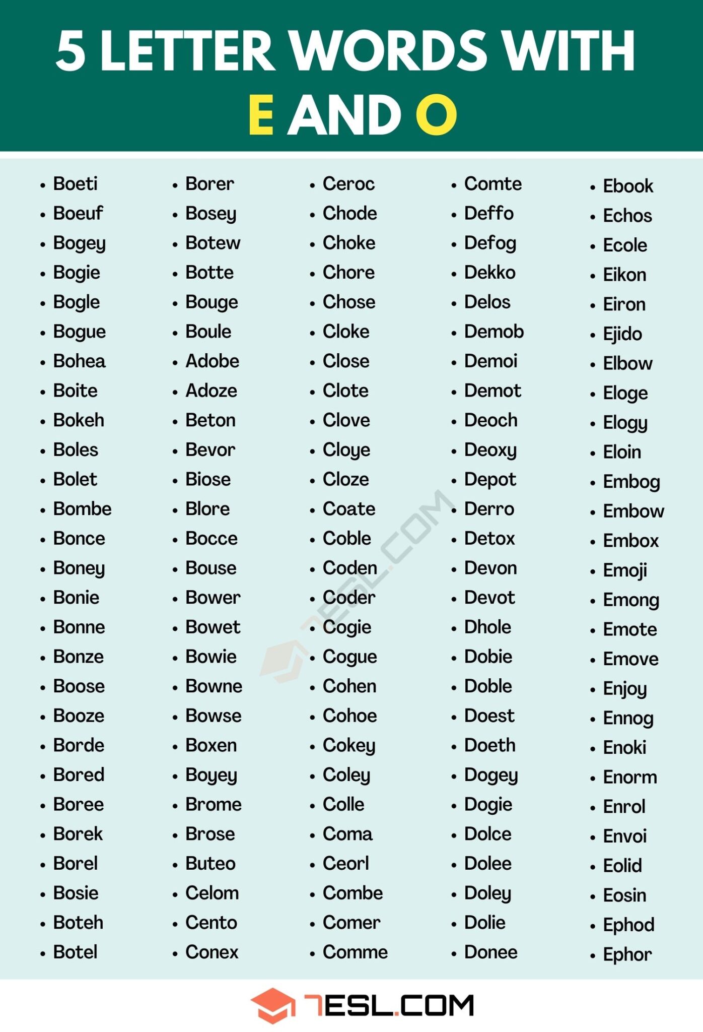 5 letter words with a and o and e