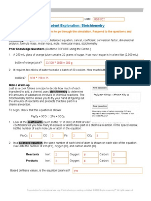 student exploration stoichiometry gizmo answer key